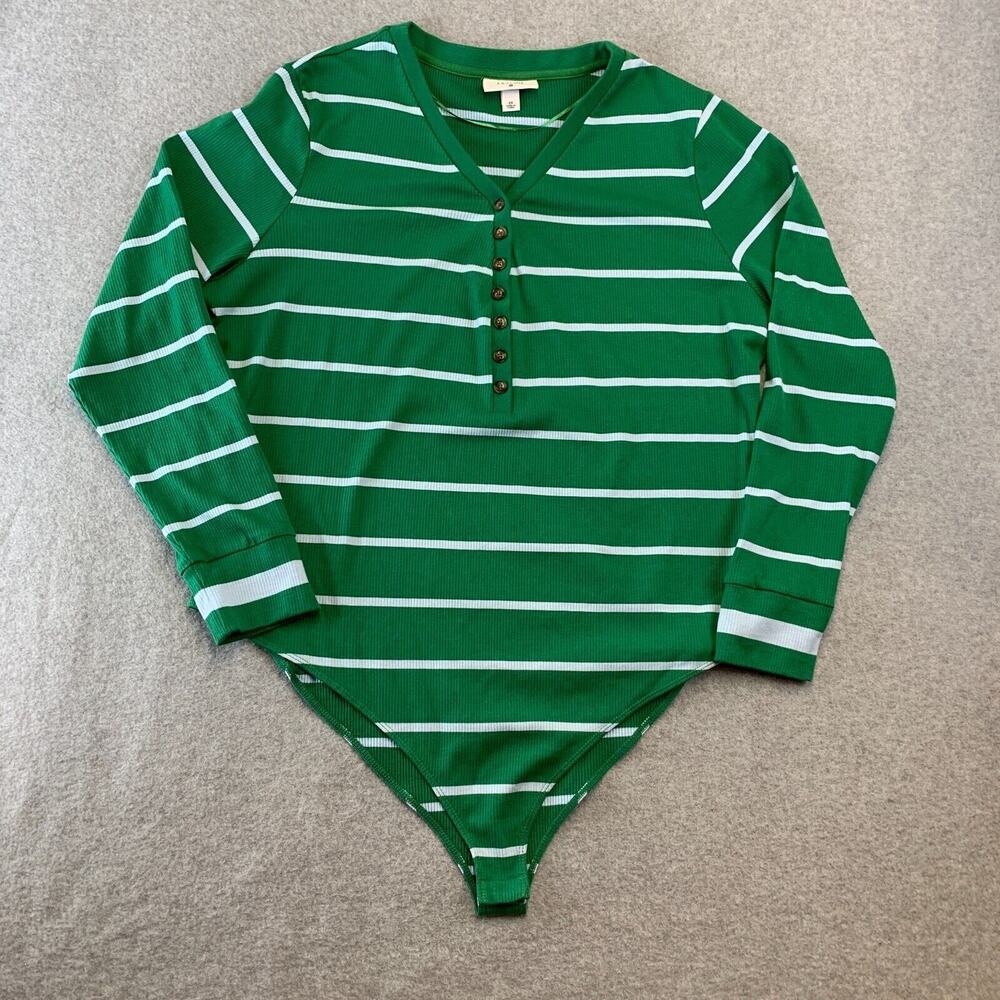 LA Ligne x Target Green White Stripe Ribbed Henley Bodysuit Womens 2X Preppy - Picture 2 of 11